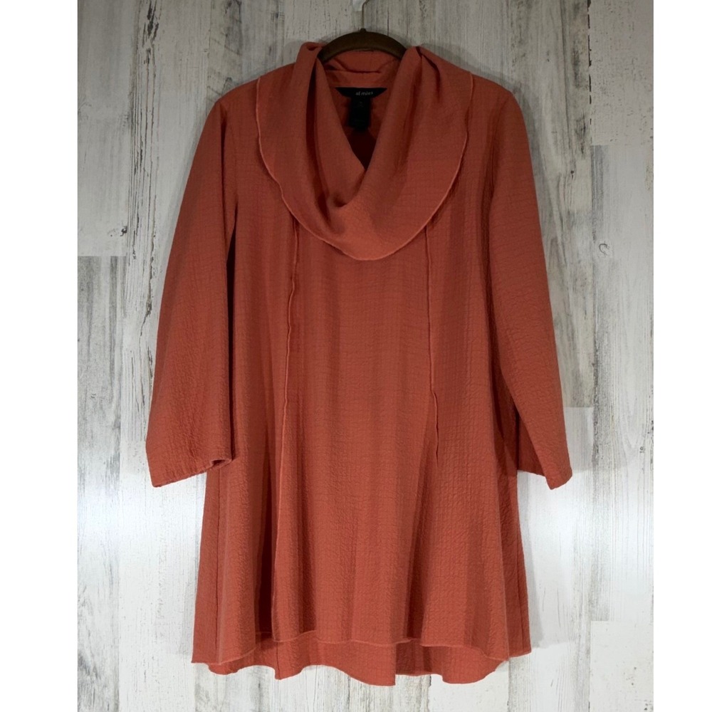 Ali Miles Tunic Medium Terracotta Dusty Coral Cowl Neck 3/4 Sleeve Textured Knit